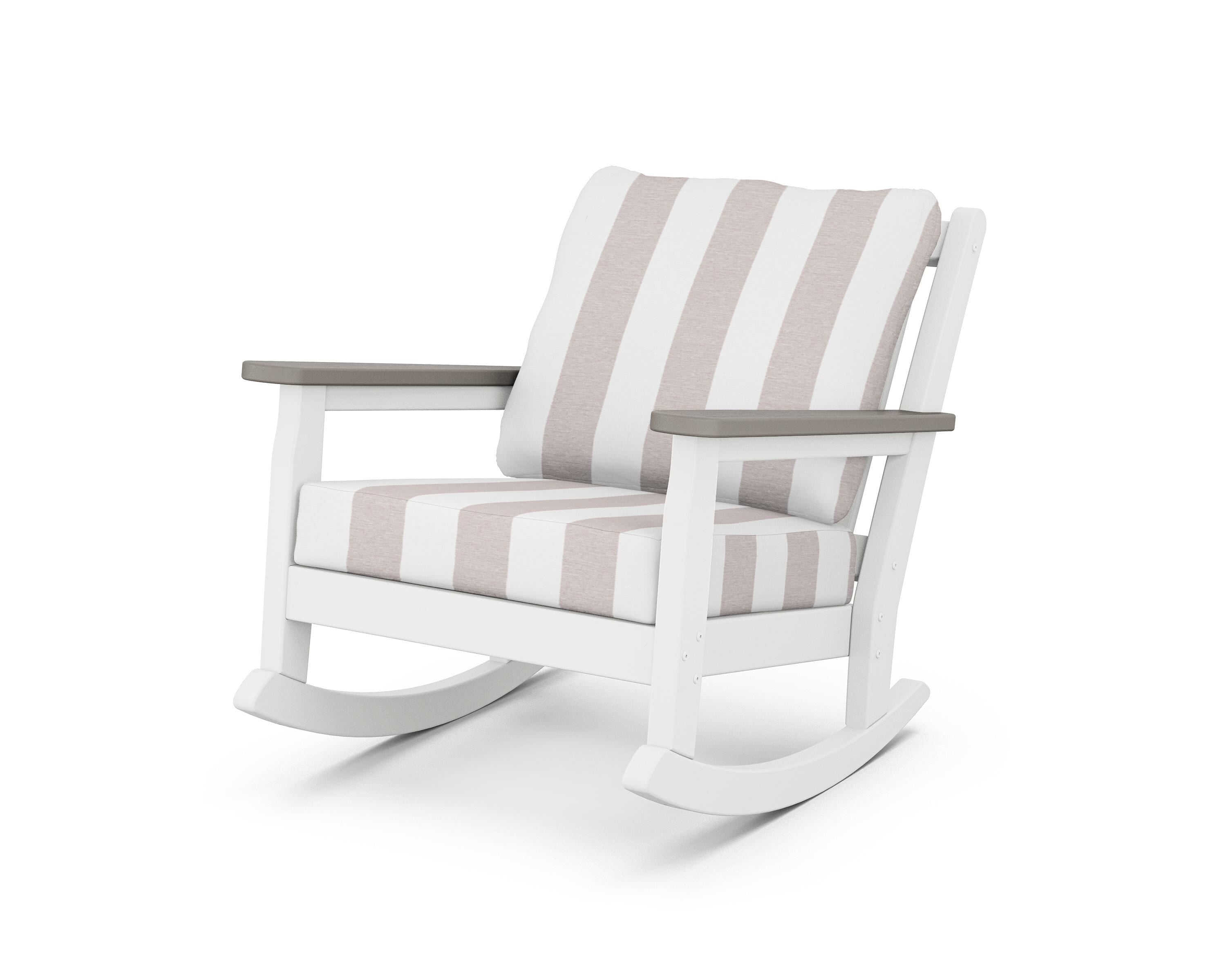 POLYWOOD® Chippendale Deep Seating Rocking Chair in White / Driftwood / Cabana Stripe Dune Burlap