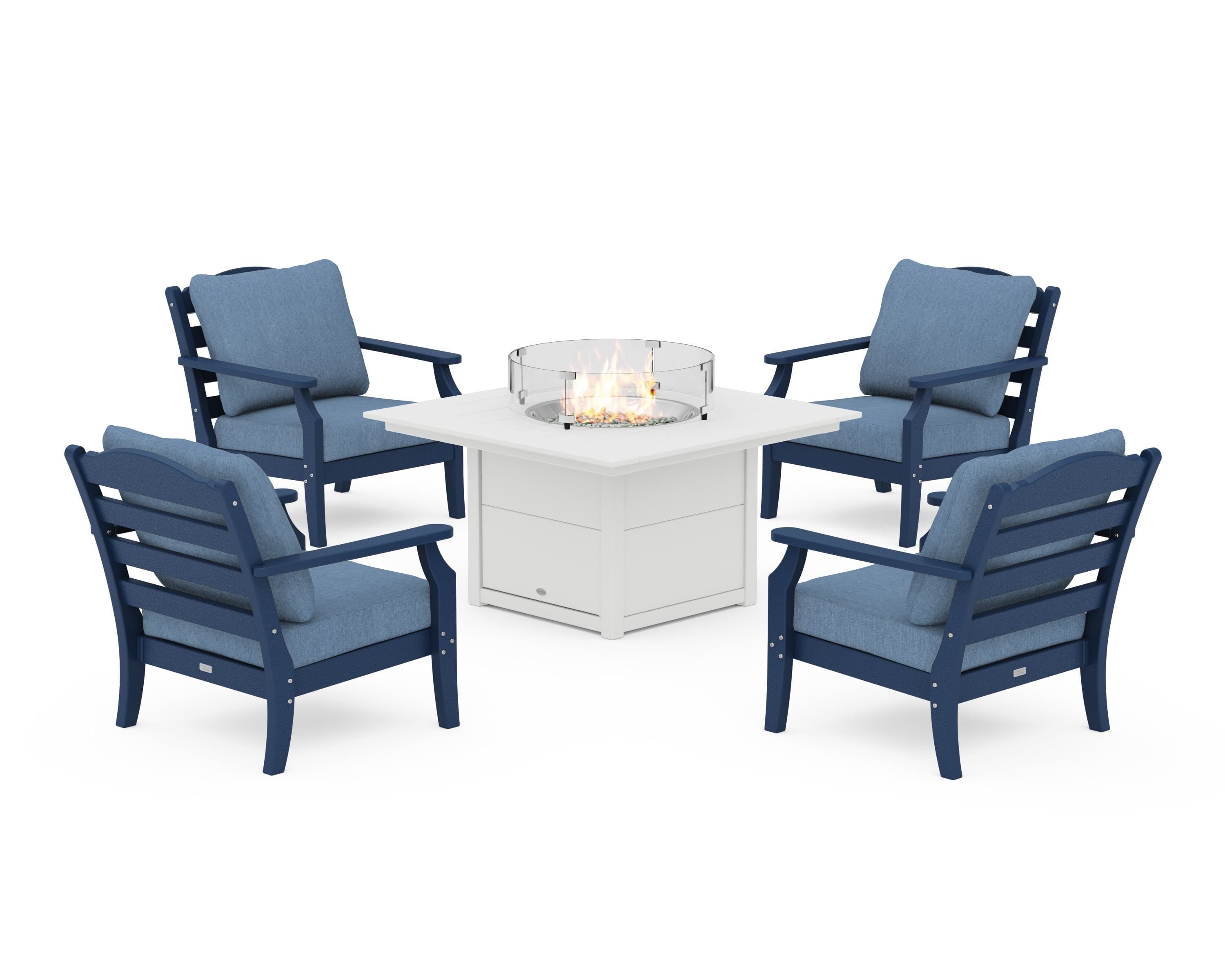 Draper James™ by  POLYWOOD® Savannah 5-Piece Deep Seating Set with Fire Pit Table in Navy / Sky Blue