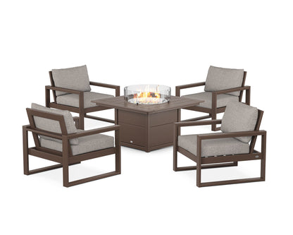 POLYWOOD® EDGE Sectional 5-Piece Deep Seating Set with Fire Pit Table in Mahogany / Weathered Tweed