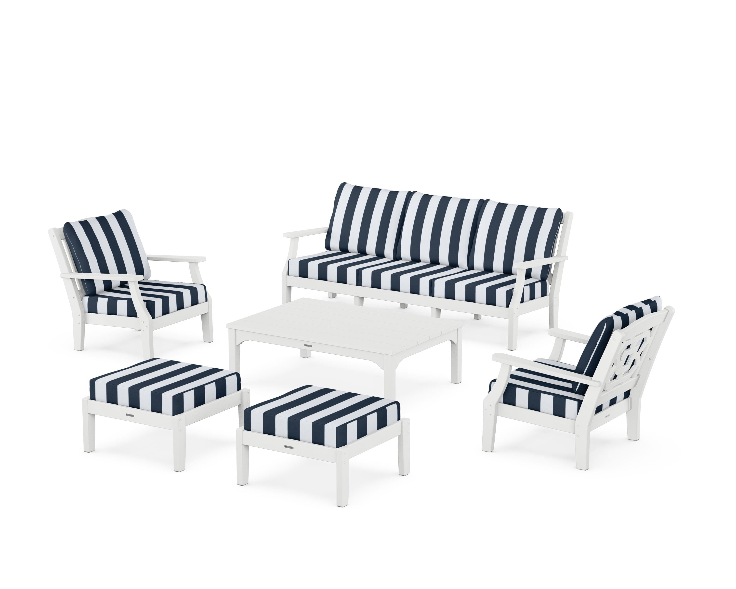 Martha Stewart by POLYWOOD® Chinoiserie 6-Piece Lounge Sofa Set in White / Cabana Stripe Marine Indigo
