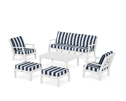 Martha Stewart by POLYWOOD® Chinoiserie 6-Piece Lounge Sofa Set in White / Cabana Stripe Marine Indigo