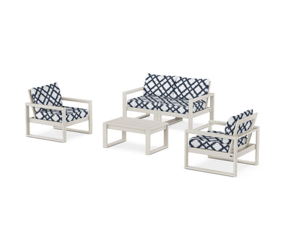POLYWOOD® EDGE Sectional 4-Piece Deep Seating Set with Loveseat in Sand / Trellis Marine Indigo