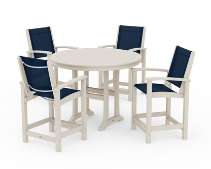 POLYWOOD® Coastal 5-Piece Counter Set in Sand / Navy Blue Sling