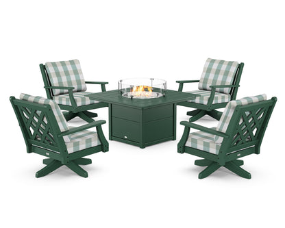 Country Living Wovendale 5-Piece Deep Seating Swivel Conversation Set with Fire Pit Table in Green / Buffalo Plaid Glacier Spa