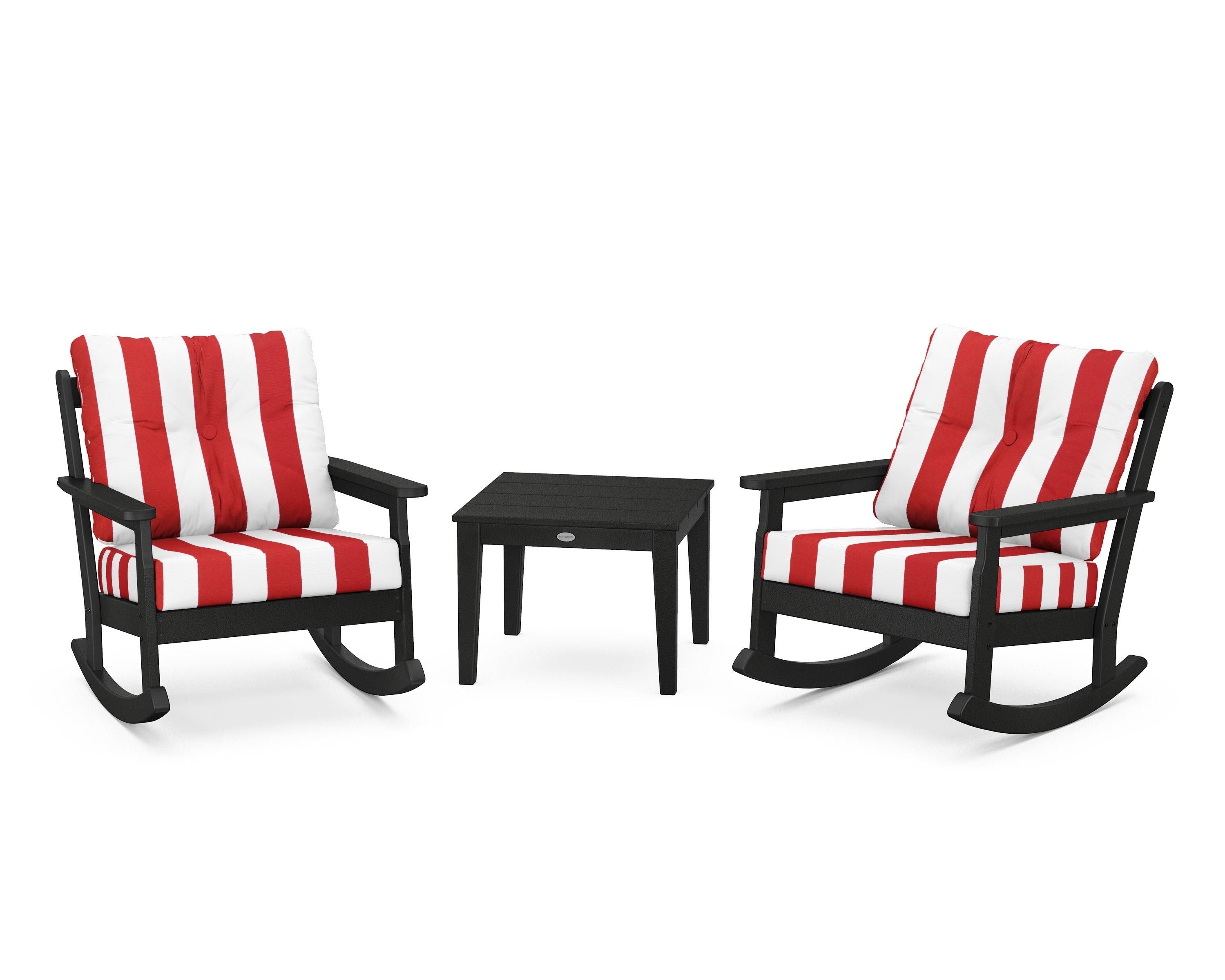 POLYWOOD® Vineyard 3-Piece Deep Seating Rocker Set in Black / Cabana Stripe Crimson