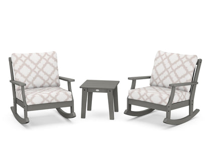 POLYWOOD® Braxton 3-Piece Deep Seating Rocker Set in Slate Grey / Trellis Dune Burlap