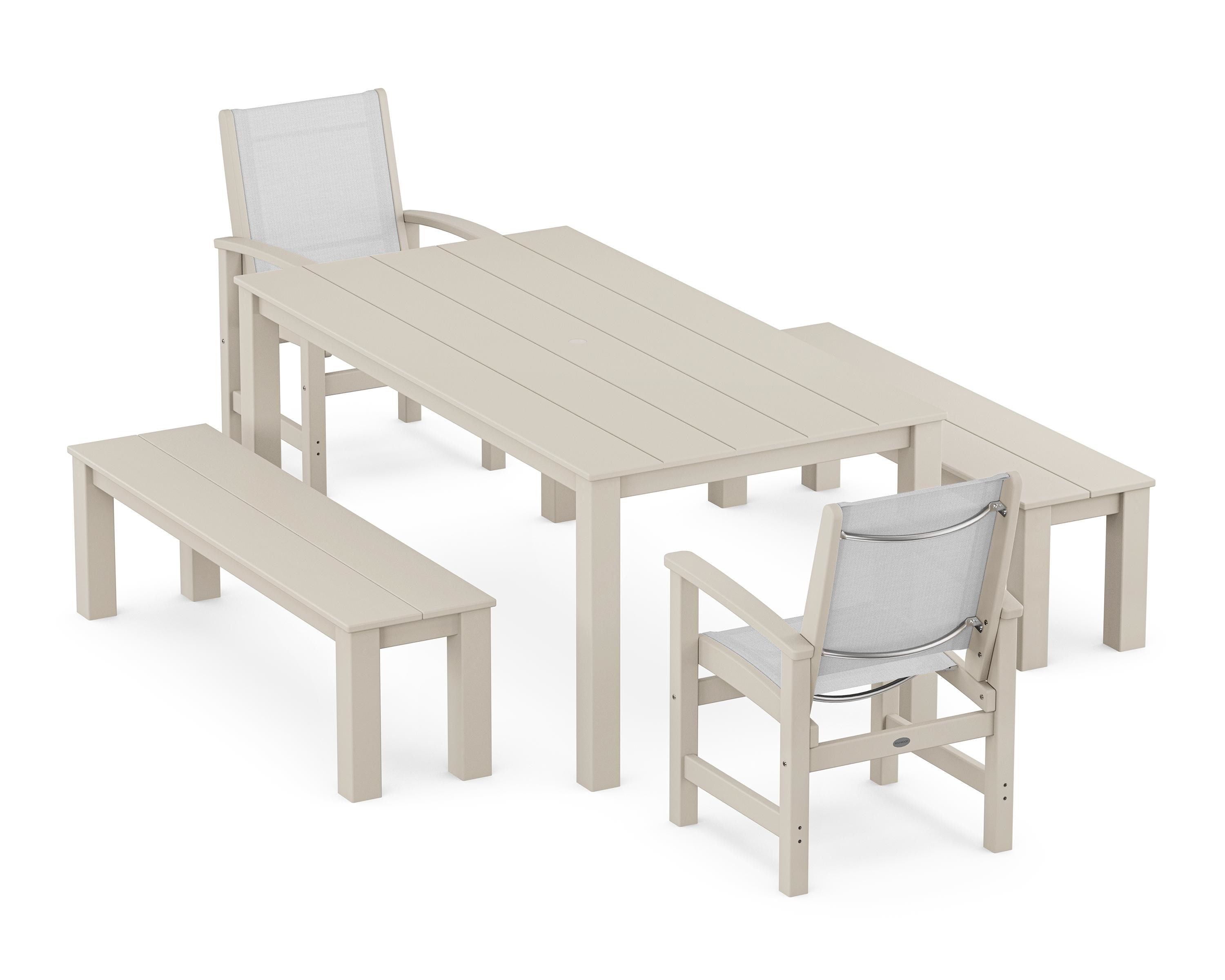 POLYWOOD® Coastal 5-Piece Parsons Dining Set with Benches in Sand / White Sling