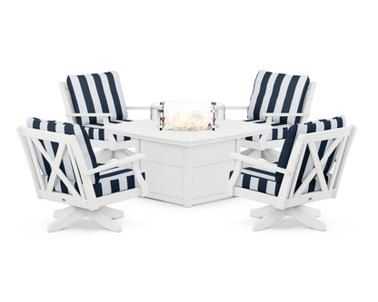 POLYWOOD® Braxton 5-Piece Deep Seating Swivel Conversation Set with Fire Pit Table in White / Cabana Stripe Marine Indigo