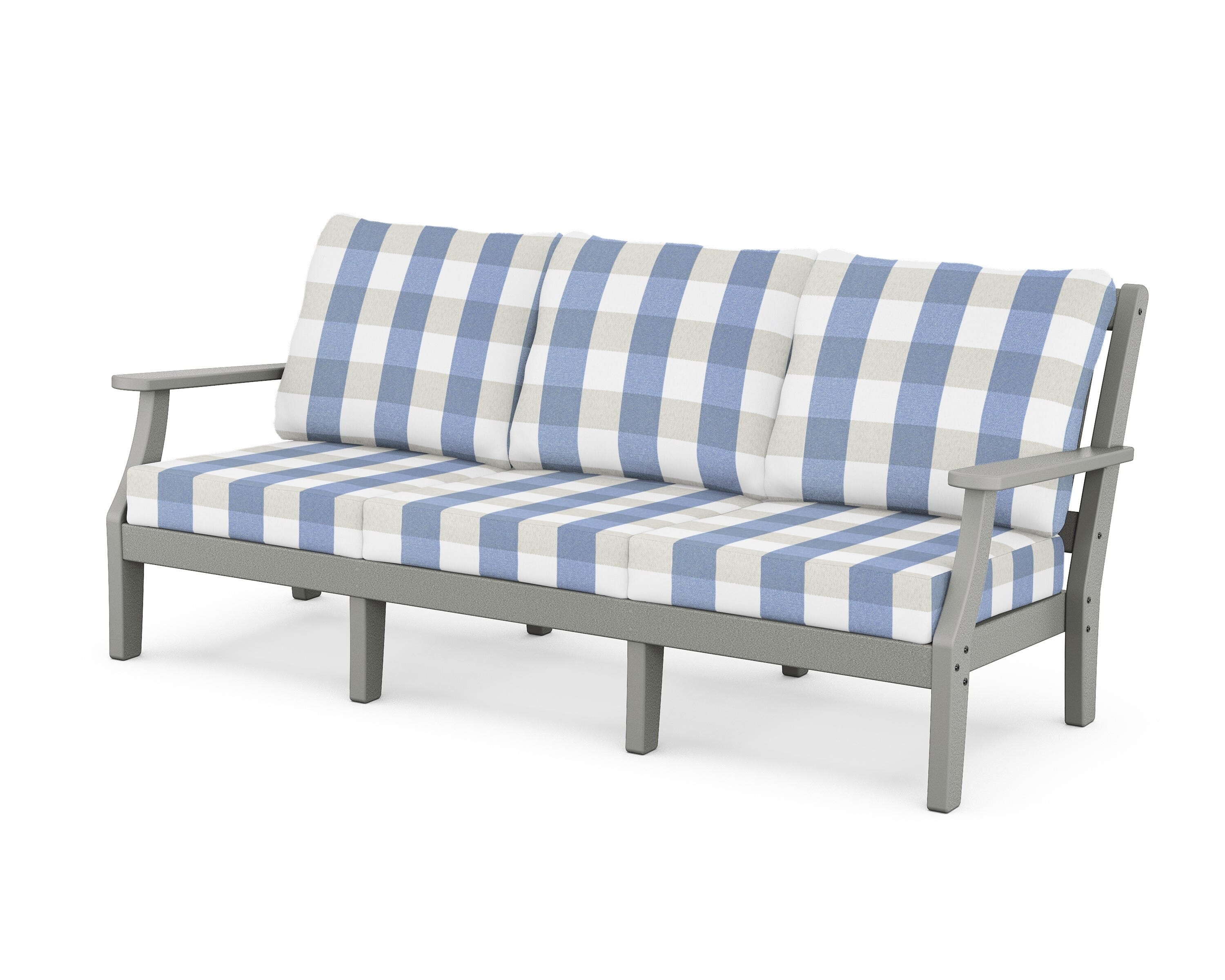 Martha Stewart by POLYWOOD® Chinoiserie Deep Seating Sofa in Slate Grey / Buffalo Plaid Sky Blue