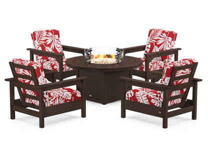 POLYWOOD® Club 5-Piece Conversation Set with Fire Pit Table in Mahogany / Leaf Crimson