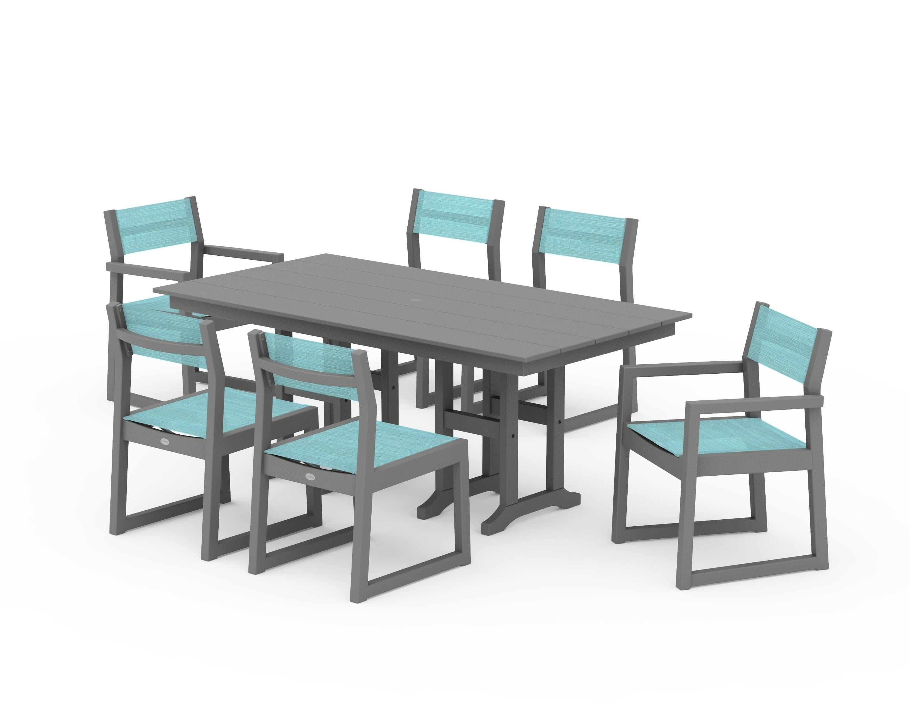 POLYWOOD® EDGE Sling 7-Piece Farmhouse Dining Set in Slate Grey / Dupioni Aquamarine Sling