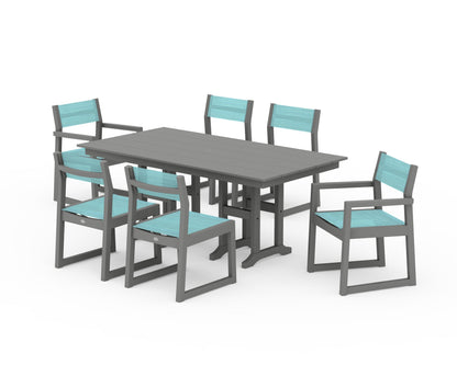 POLYWOOD® EDGE Sling 7-Piece Farmhouse Dining Set in Slate Grey / Dupioni Aquamarine Sling