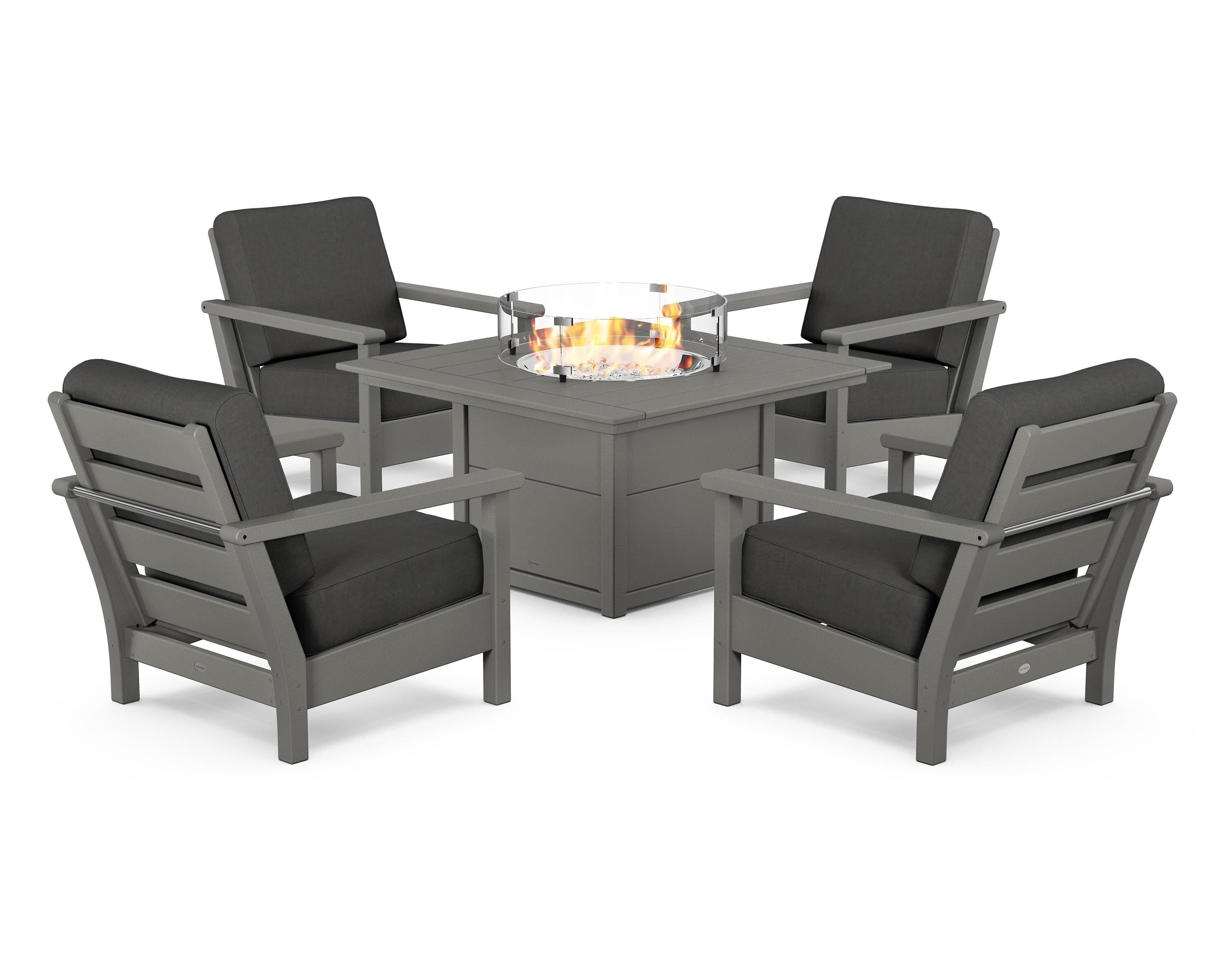 POLYWOOD® Harbour 5-Piece Conversation Set with Fire Pit Table in Slate Grey / Spectrum Carbon