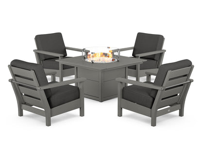 POLYWOOD® Harbour 5-Piece Conversation Set with Fire Pit Table in Slate Grey / Spectrum Carbon