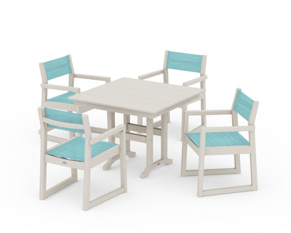 POLYWOOD® EDGE Sling Arm Chair 5-Piece Farmhouse Dining Set in Sand / Dupioni Aquamarine Sling
