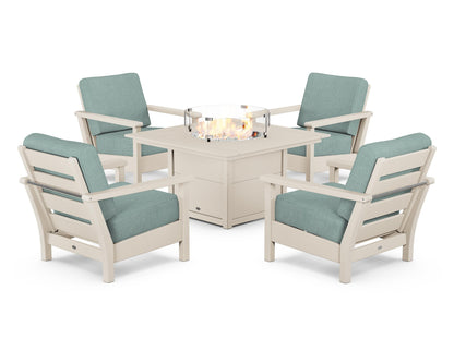 POLYWOOD® Harbour 5-Piece Conversation Set with Fire Pit Table in Sand / Glacier Spa