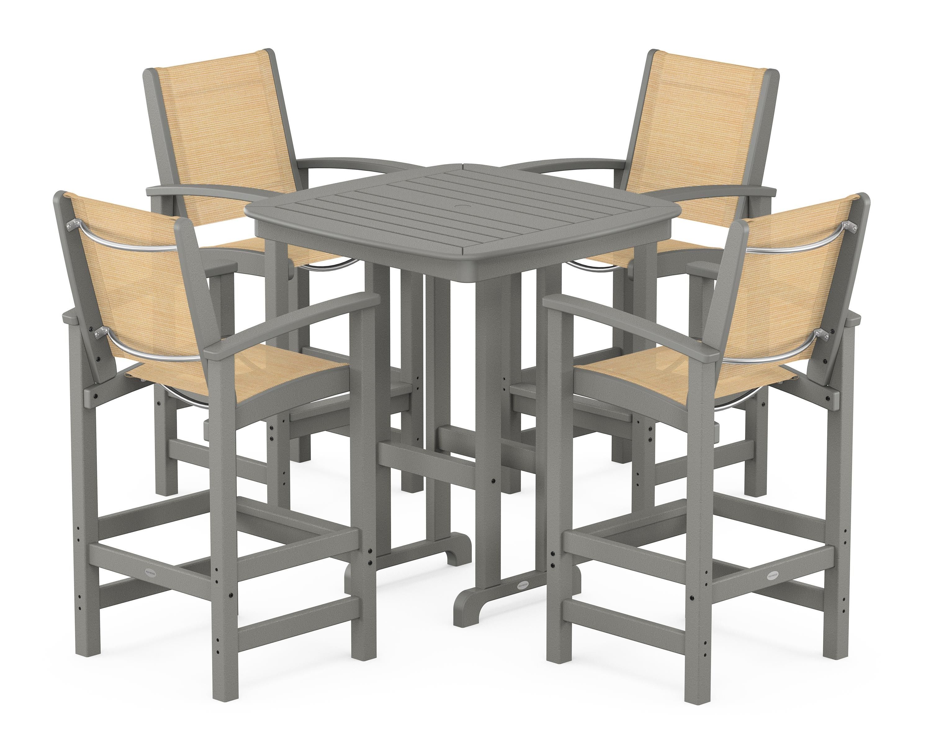POLYWOOD® Coastal 5-Piece Bar Set in Slate Grey / Dupioni Apricot Sling