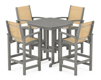 POLYWOOD® Coastal 5-Piece Bar Set in Slate Grey / Dupioni Apricot Sling
