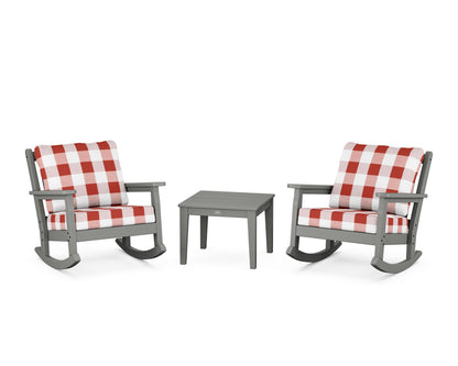 POLYWOOD® Chippendale 3-Piece Deep Seating Rocker Set in Slate Grey / Buffalo Plaid Crimson