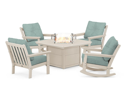 POLYWOOD® Vineyard 5-Piece Deep Seating Rocking Chair Conversation Set with Fire Pit Table in Sand / Glacier Spa