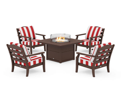 Draper James™ by  POLYWOOD® Savannah 5-Piece Deep Seating Set with Fire Pit Table in Mahogany / Cabana Stripe Crimson