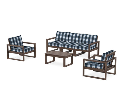 POLYWOOD® EDGE Sectional 4-Piece Deep Seating Set with Sofa in Mahogany / Buffalo Plaid Marine Indigo