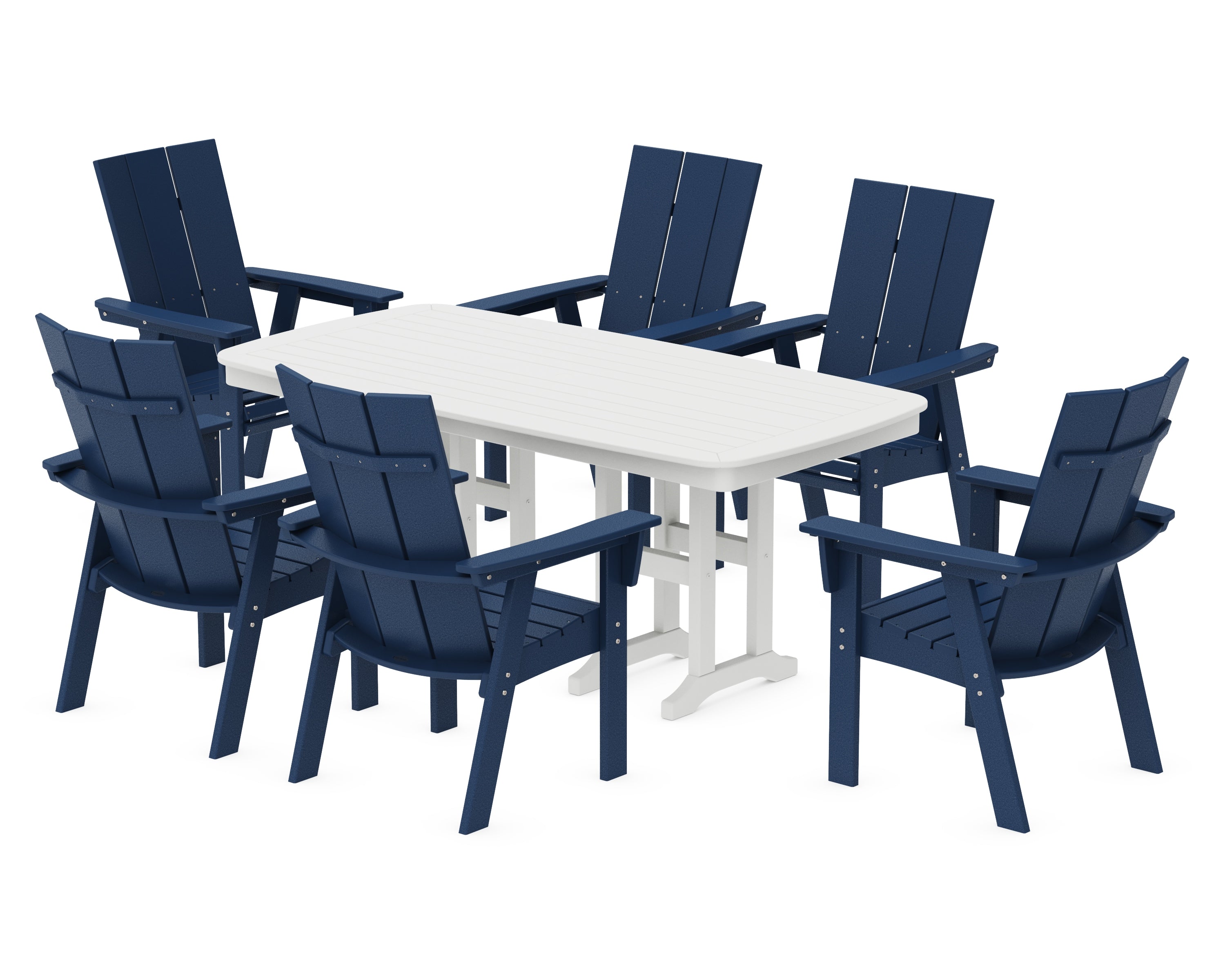 POLYWOOD® Modern Curveback Adirondack 7-Piece Dining Set in Navy / White
