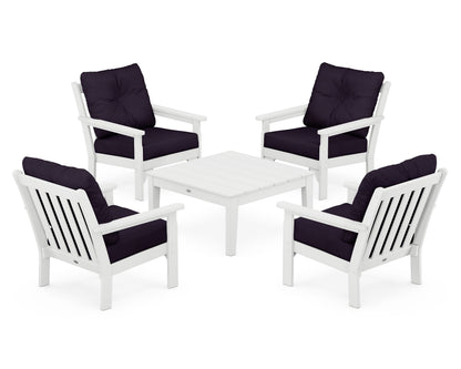 POLYWOOD® Vineyard 5-Piece Deep Seating Conversation Set in White / Navy Linen
