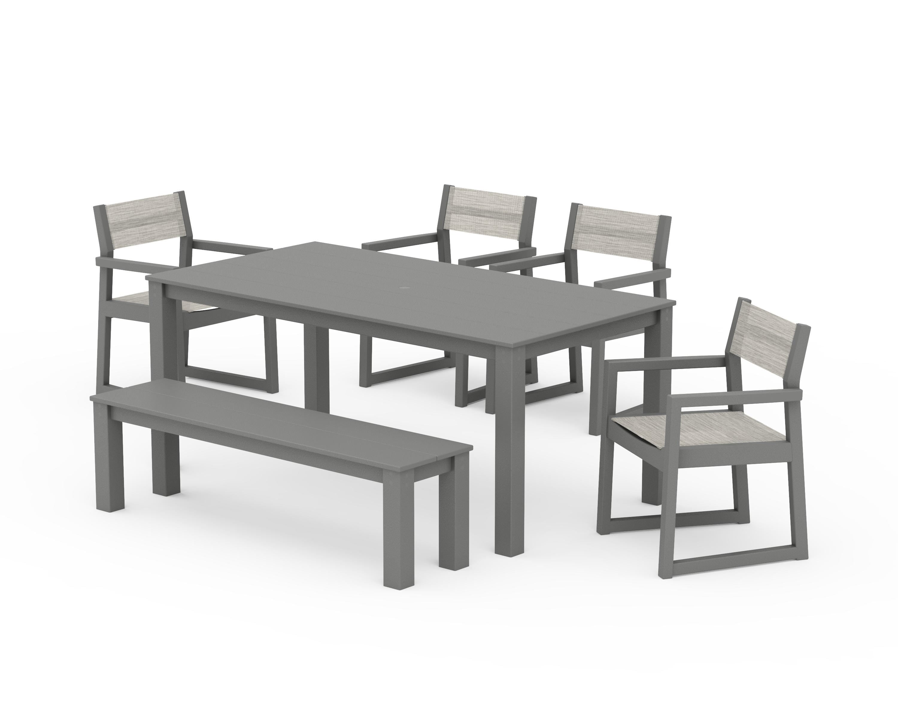 POLYWOOD® EDGE Sling Arm Chair 6-Piece Parsons Dining Set with Bench in Slate Grey / Birch Sling