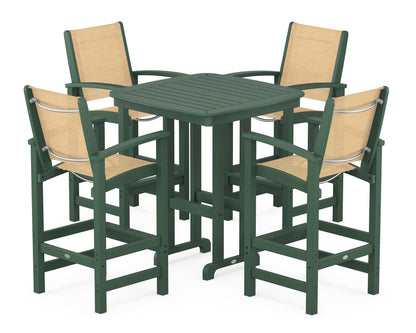 POLYWOOD® Coastal 5-Piece Bar Set in Green / Dupioni Apricot Sling