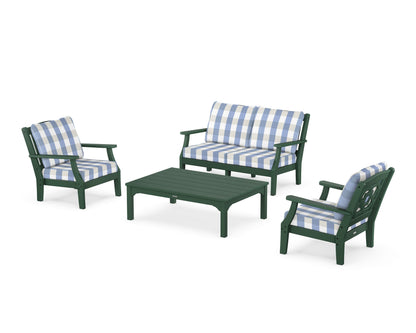 Martha Stewart by POLYWOOD® Chinoiserie 4-Piece Deep Seating Set with Loveseat in Green / Buffalo Plaid Sky Blue