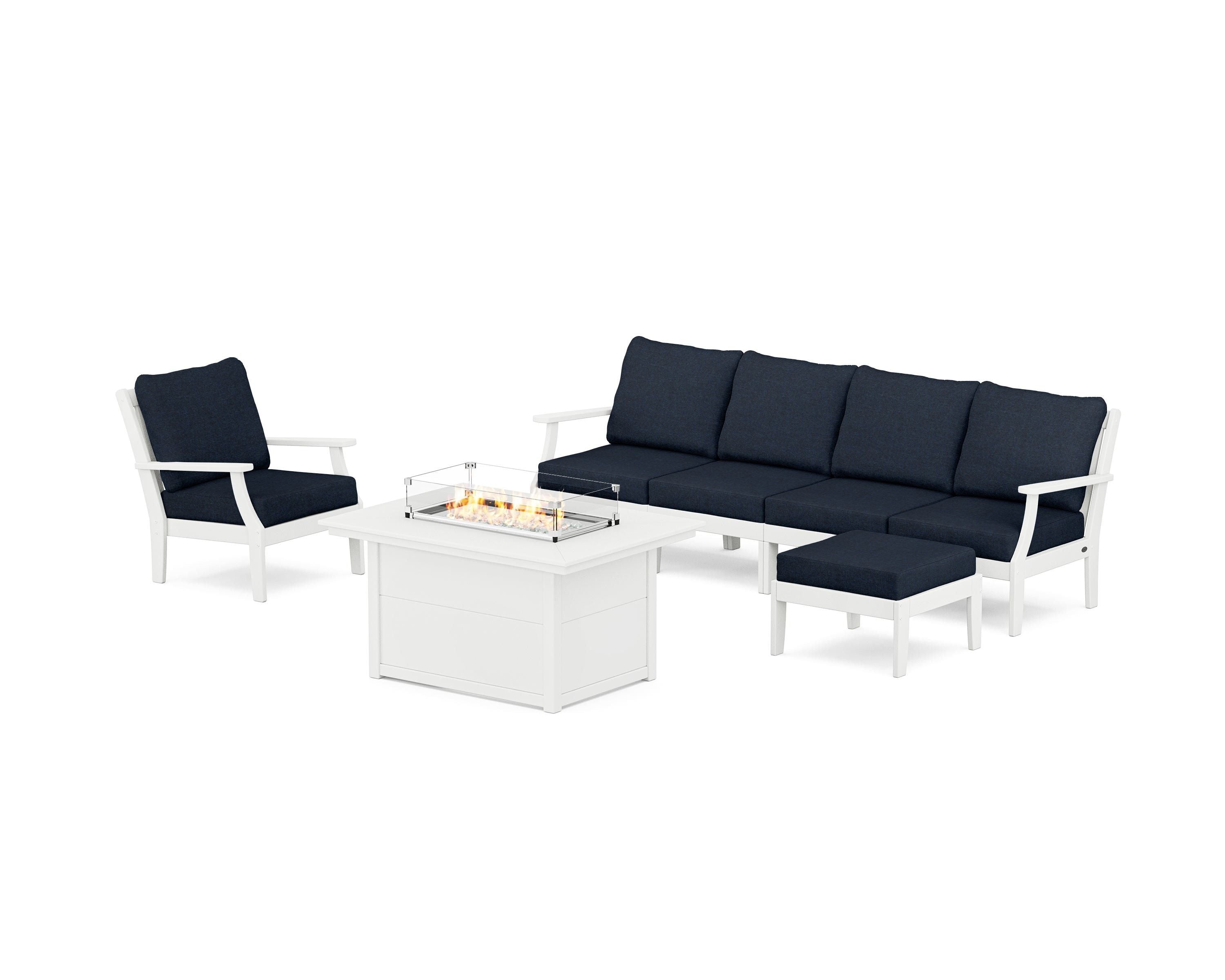 POLYWOOD® Braxton Sectional Lounge and Fire Pit Set in White / Marine Indigo