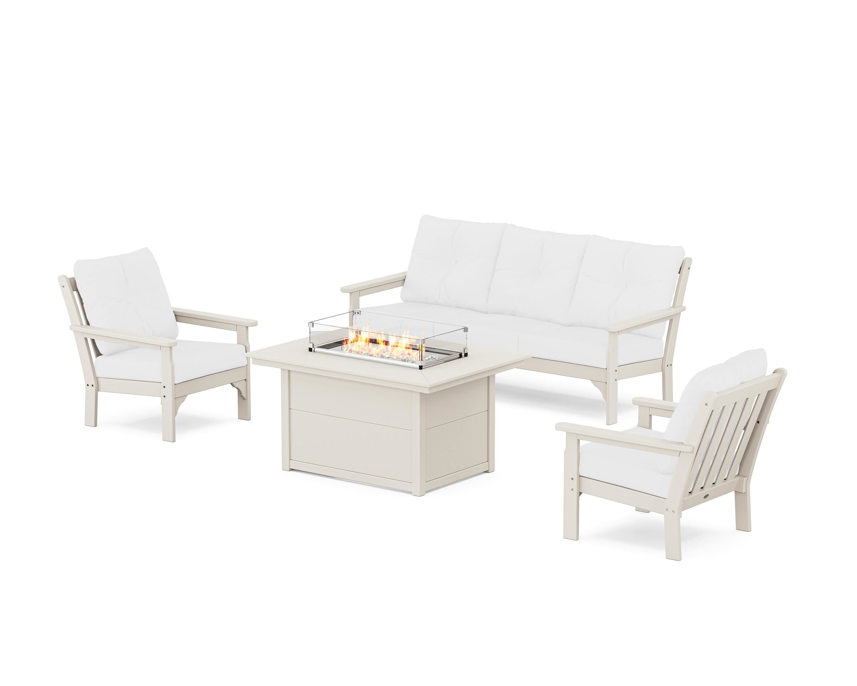 POLYWOOD® Vineyard Deep Seating Fire Pit Table Set in Sand / Natural