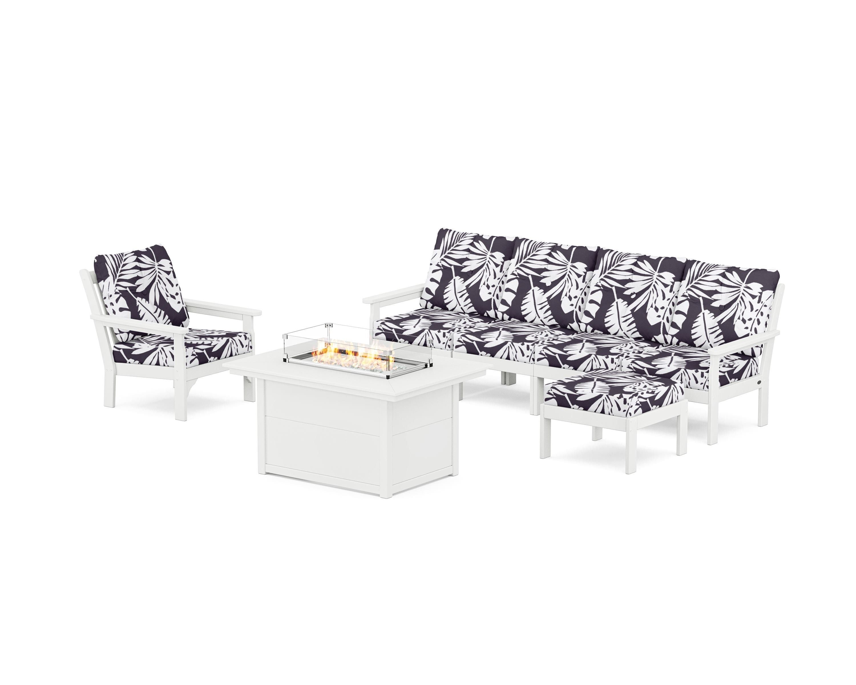 POLYWOOD® Vineyard Sectional Lounge and Fire Pit Set in White / Leaf Navy