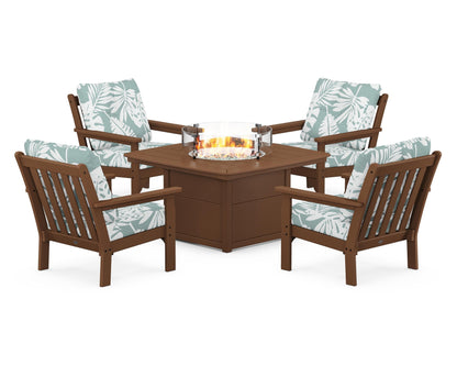 POLYWOOD® Vineyard 5-Piece Conversation Set with Fire Pit Table in Teak / Leaf Glacier Spa