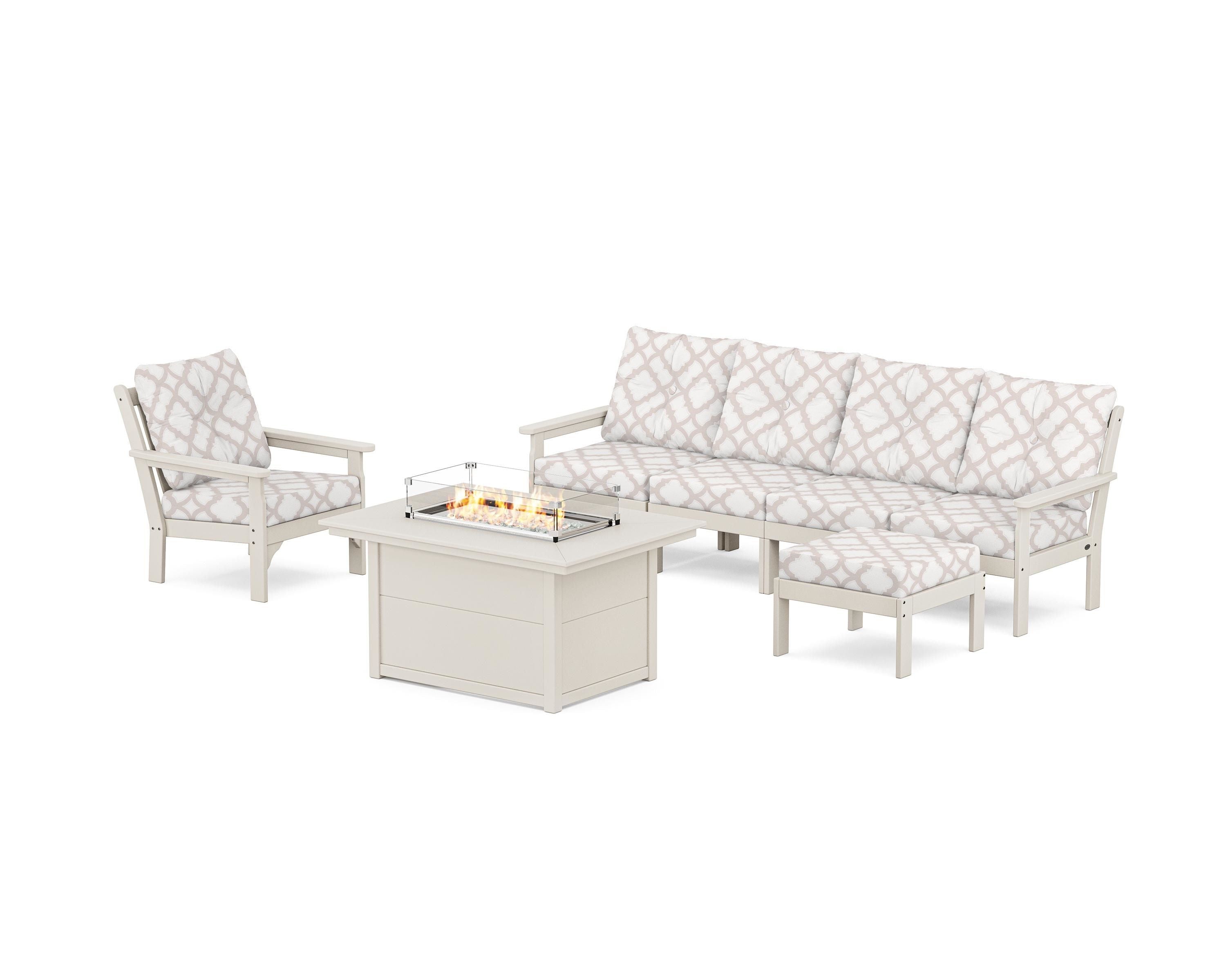 POLYWOOD® Vineyard Sectional Lounge and Fire Pit Set in Sand / Trellis Dune Burlap