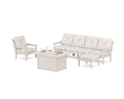 POLYWOOD® Vineyard Sectional Lounge and Fire Pit Set in Sand / Trellis Dune Burlap