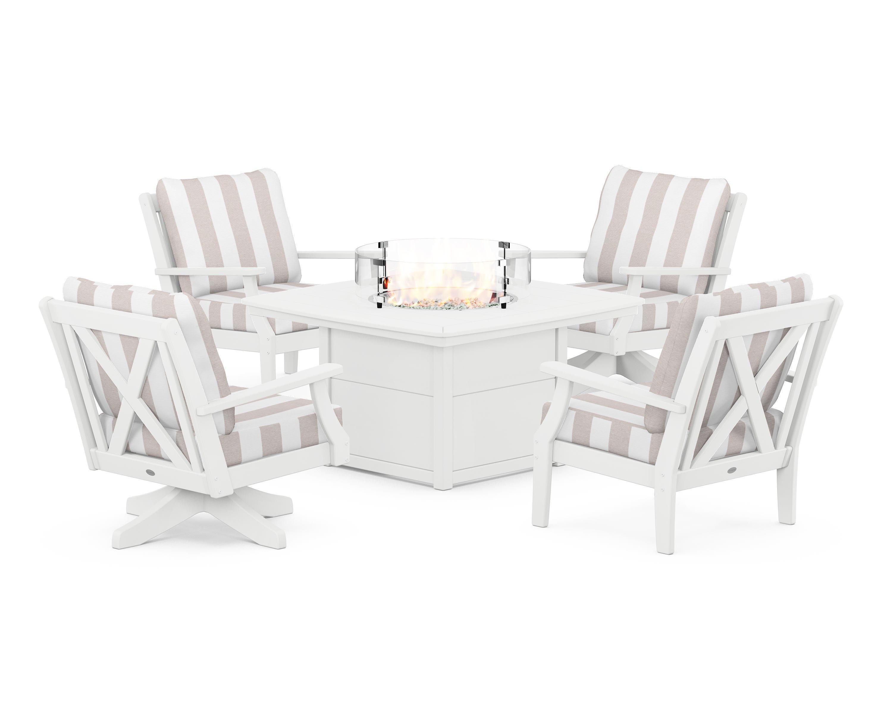 POLYWOOD® Braxton 5-Piece Deep Seating Set with Fire Table in White / Cabana Stripe Dune Burlap