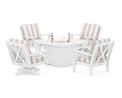 POLYWOOD® Braxton 5-Piece Deep Seating Set with Fire Table in White / Cabana Stripe Dune Burlap