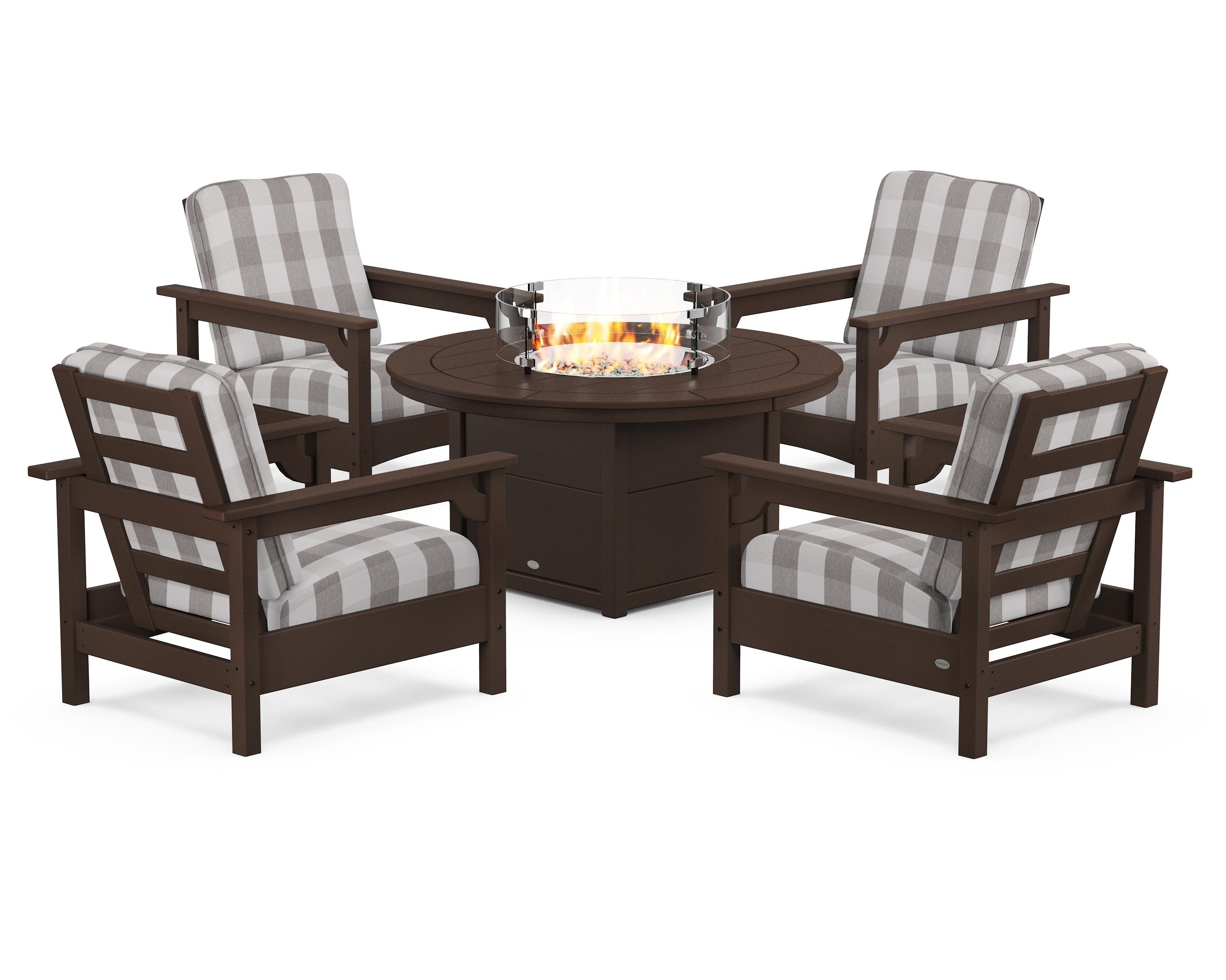 POLYWOOD® Club 5-Piece Conversation Set with Fire Pit Table in Mahogany / Buffalo Plaid Grey Mist