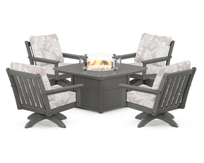 POLYWOOD® Vineyard 5-Piece Deep Seating Swivel Conversation Set with Fire Pit Table in Slate Grey / Leaf Dune Burlap