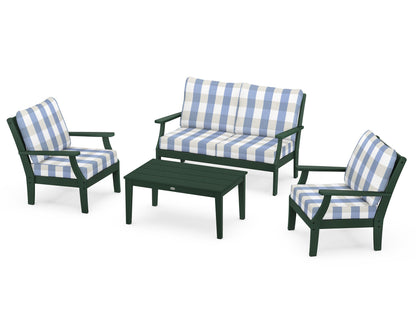 POLYWOOD® Braxton 4-Piece Deep Seating Chair Set in Green / Buffalo Plaid Sky Blue