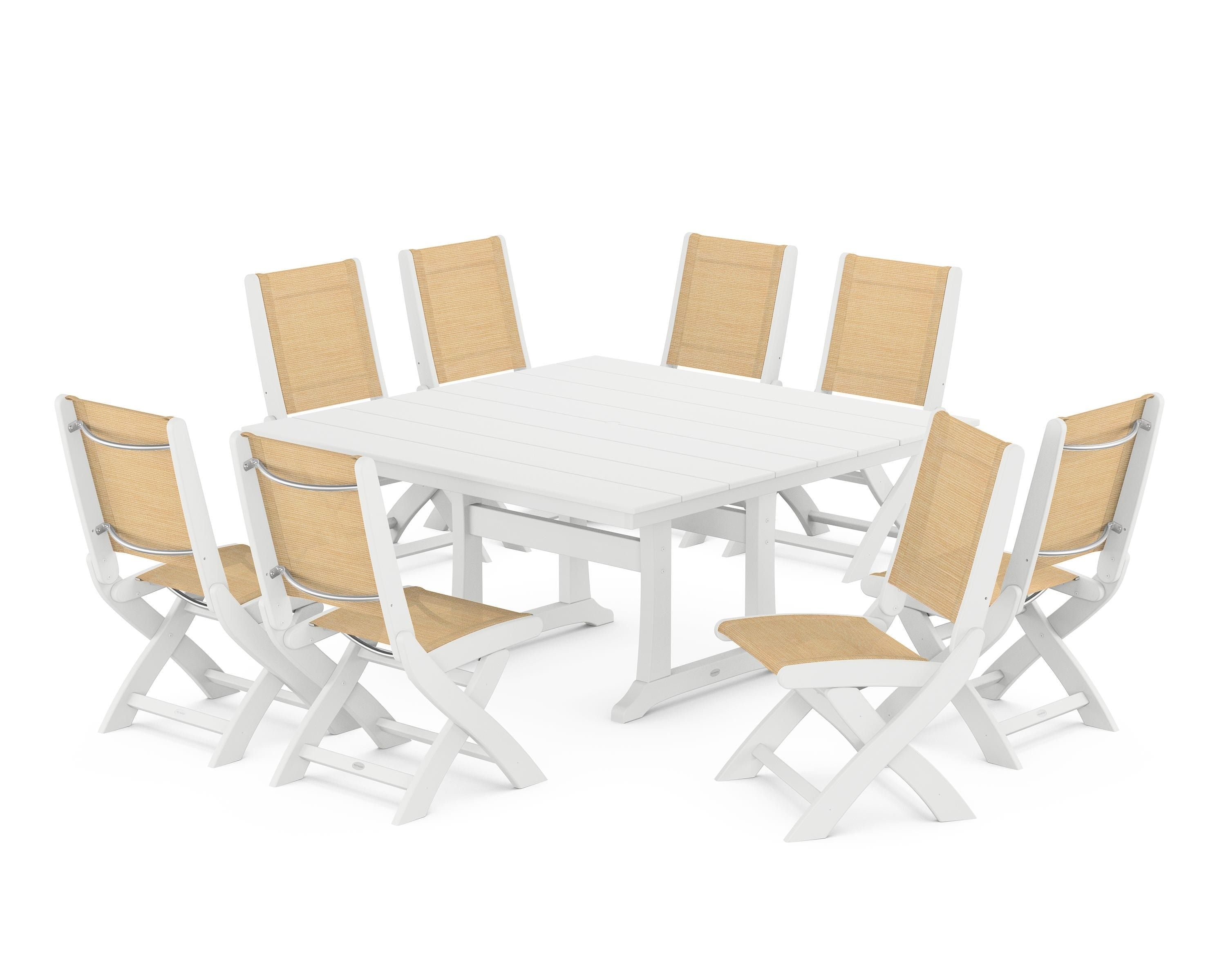 POLYWOOD® Coastal Folding Side Chair 9-Piece Farmhouse Dining Set in White / Dupioni Apricot Sling