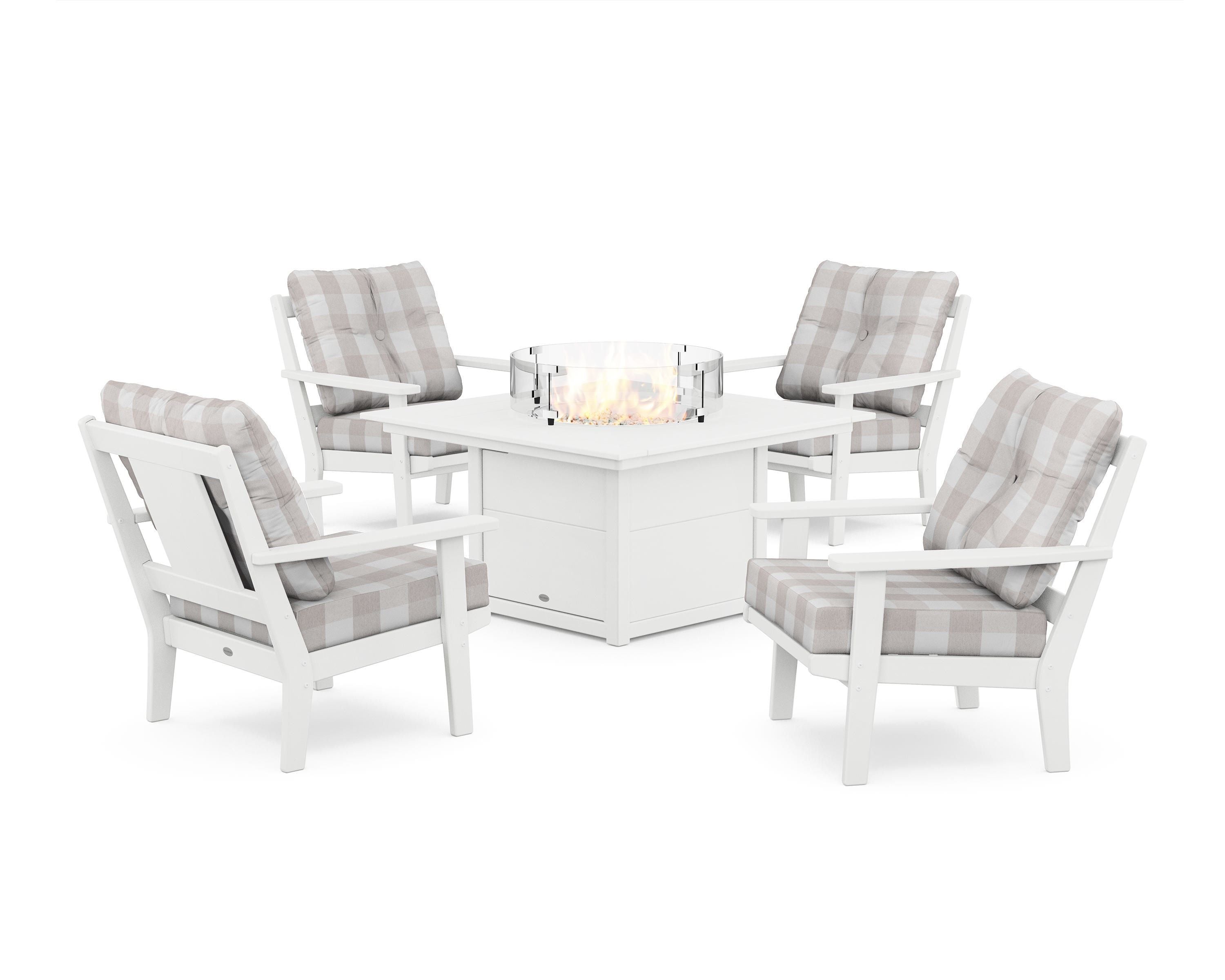 POLYWOOD® Prairie 5-Piece Deep Seating Set with Fire Pit Table in White / Buffalo Plaid Dune Burlap