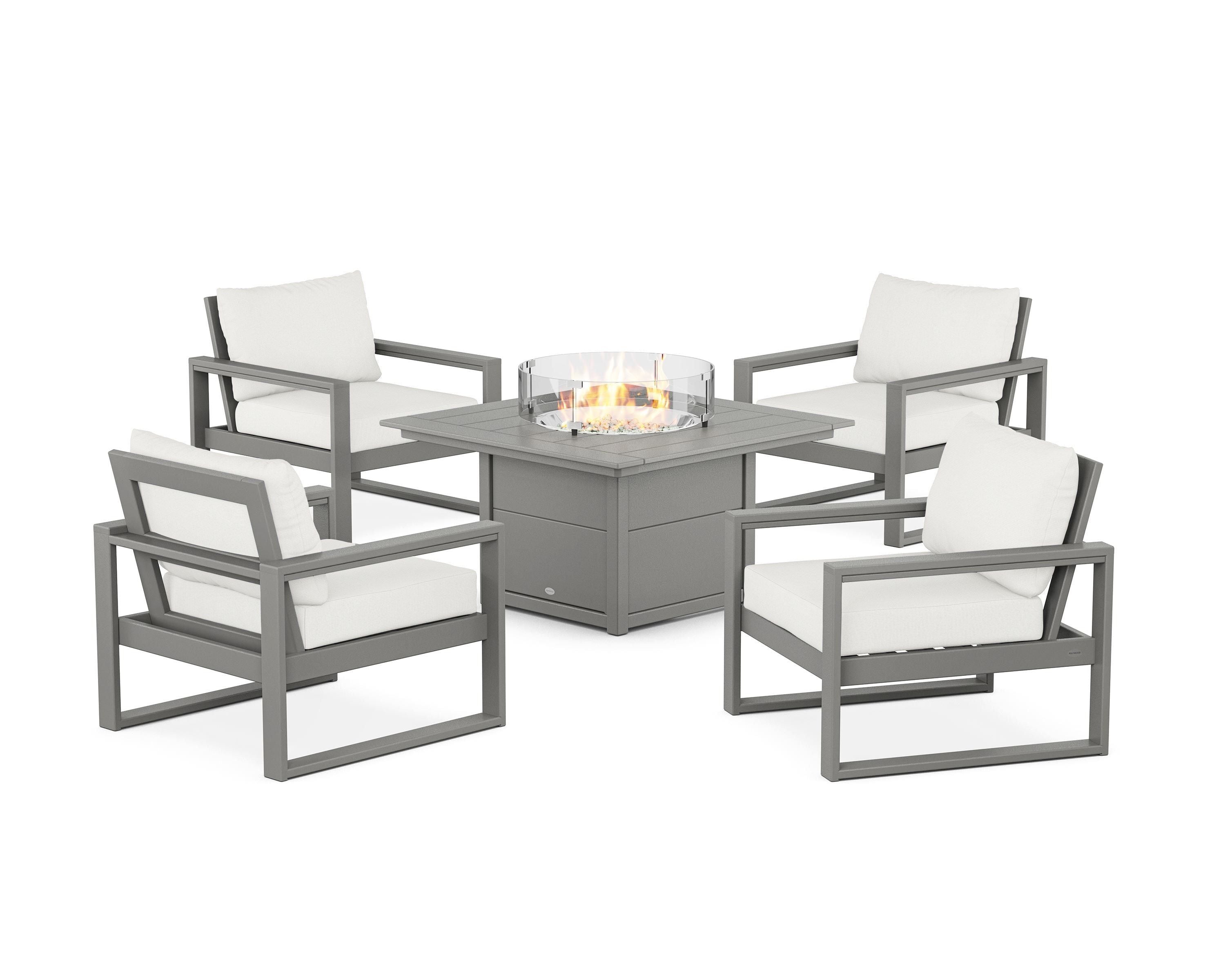 POLYWOOD® EDGE Sectional 5-Piece Deep Seating Set with Fire Pit Table in Slate Grey / Natural Linen
