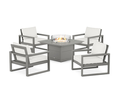 POLYWOOD® EDGE Sectional 5-Piece Deep Seating Set with Fire Pit Table in Slate Grey / Natural Linen