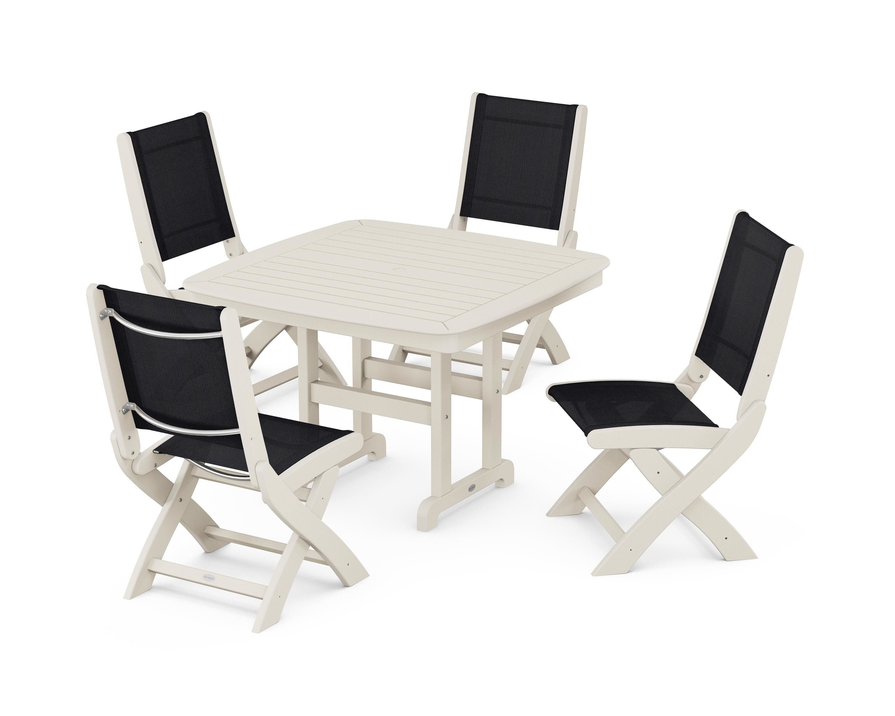POLYWOOD® Coastal Folding Side Chair 5-Piece Dining Set in Sand / Black Sling