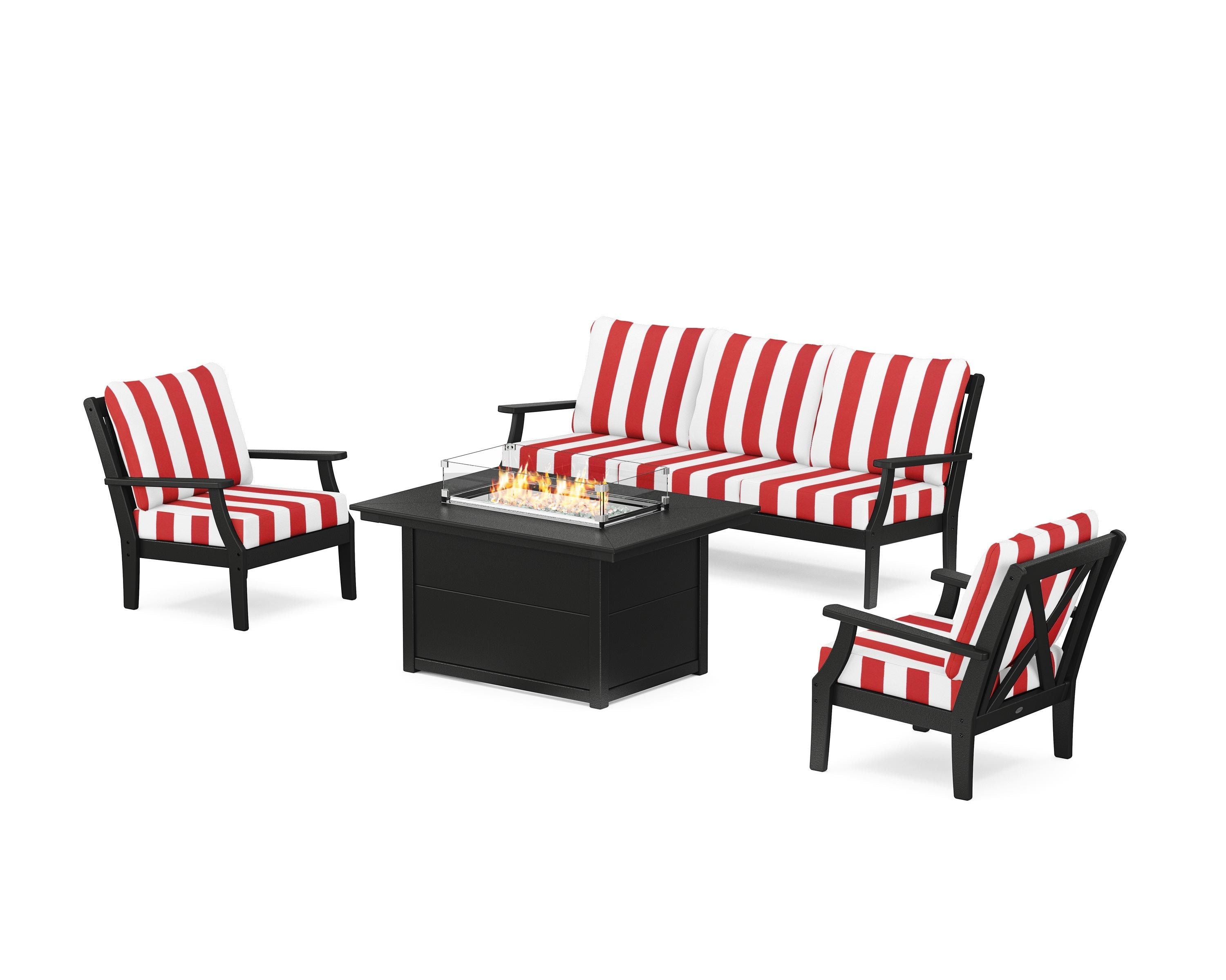 POLYWOOD® Braxton Deep Seating Fire Pit Table Set in Black / Cabana Stripe Crimson