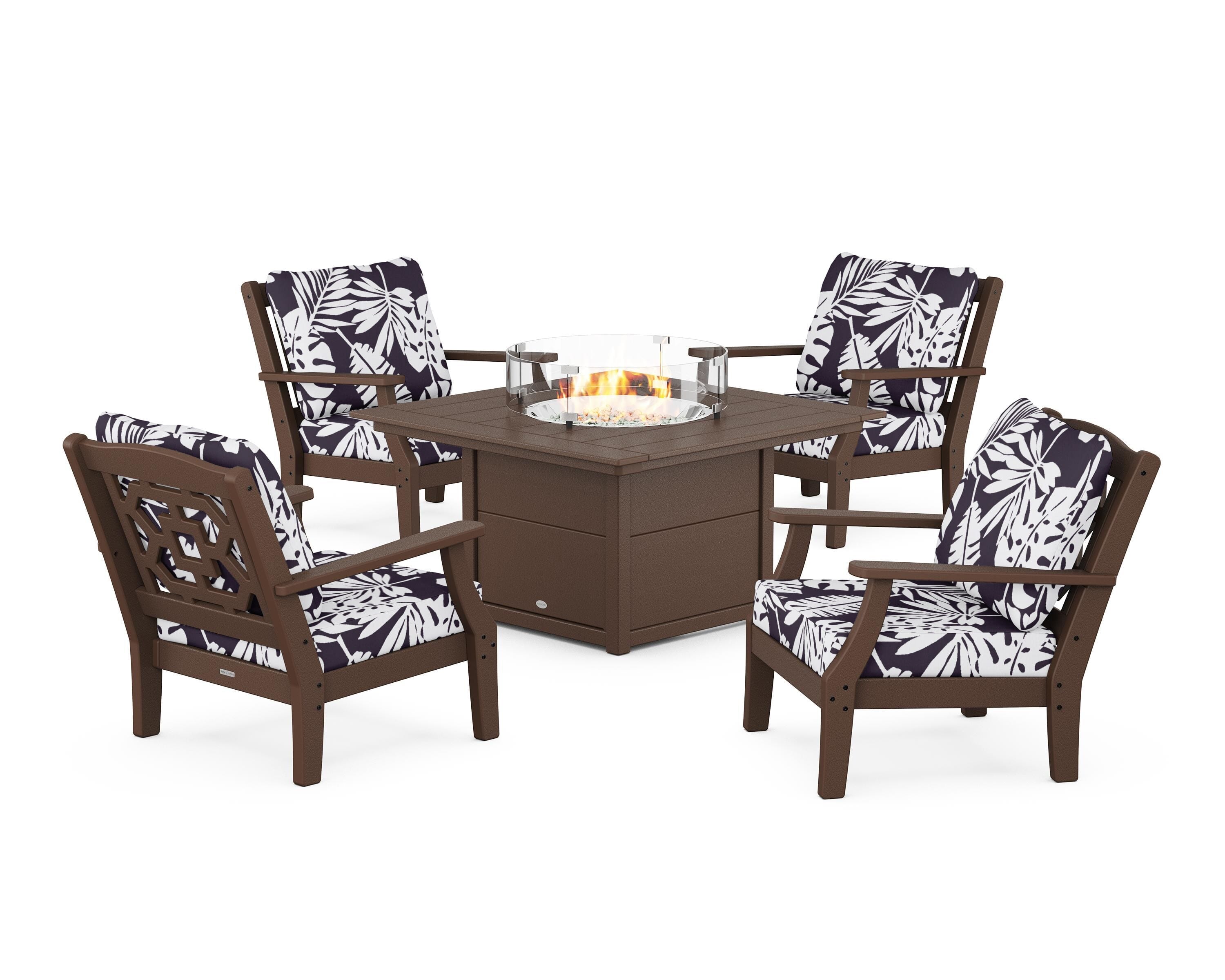 Martha Stewart by POLYWOOD® Chinoiserie 5-Piece Deep Seating Set with Fire Pit Table in Mahogany / Leaf Navy