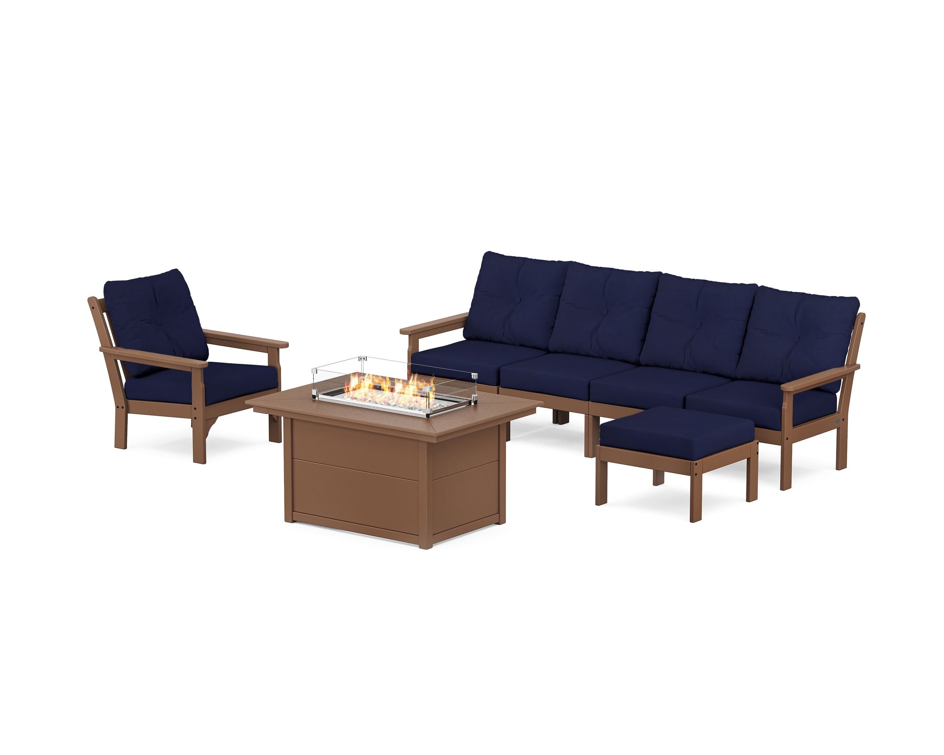 POLYWOOD® Vineyard Sectional Lounge and Fire Pit Set in Teak / Navy
